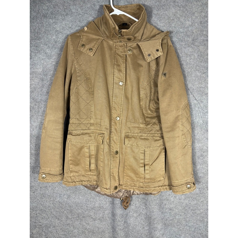 Guess Womens Khaki Tan Utility Jacket Quilted Detachable Hood Size L Large‎